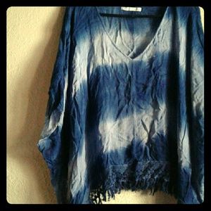 Blue tye- dye fringed bat- wing top Maurices
